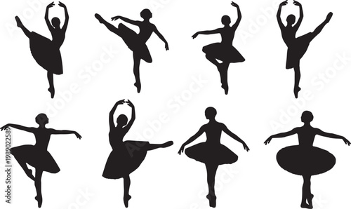 Black Solid Ballet Port De Bras Silhouettes Set of Six on White Background
