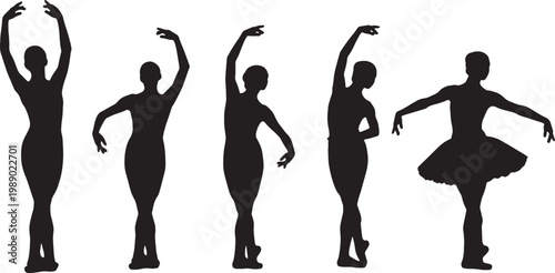 Black Solid Ballet Torso Rotation Silhouettes Set of Six on White Background