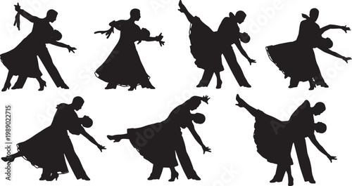 Black Solid Ballroom Dip Silhouettes Set of Six on White Backgro
