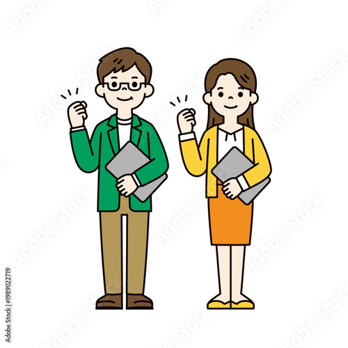 パソコンを持ってガッツポーズをする若い男女・カップル・夫婦の全身ベクターイラスト素材セット