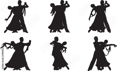 Black Solid Latin Ballroom Silhouettes Set of Six on White Backg