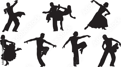 Black Solid Samba Dancer Silhouettes Set of Six on White Background
