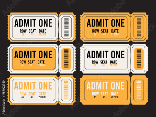 admission tickets, yellow and white, vector icons, event passes, ticket stubs