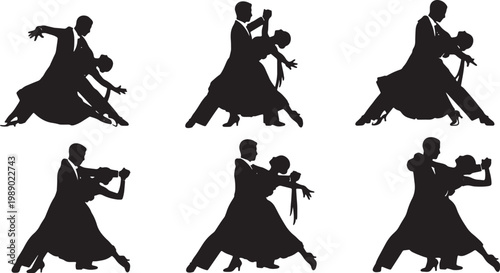 Black Solid Ballroom Dance Couple Silhouettes Set of Six on White Background