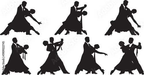 Black Solid Ballroom Dance Couple Silhouettes Set of Six on Whit