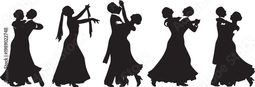 Black Solid Waltz Dancer Silhouettes Set of Six on White Backgro