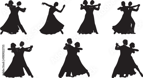 Black Solid Waltz Dancer Silhouettes Set of Six on White Backgro