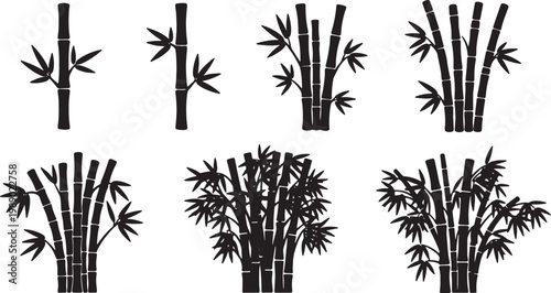 Set of Six Black Solid Bamboo Stalk and Grove Silhouettes