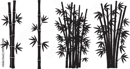 Set of Six Black Solid Bamboo Stalk and Grove Silhouettes