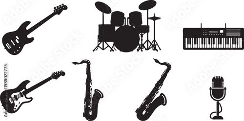 Black Solid Band Instruments Silhouettes Set of Six on White Background