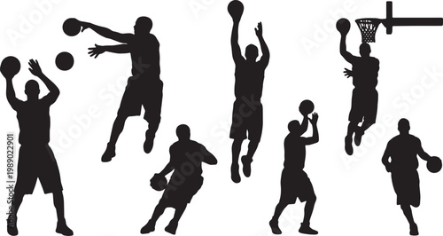 Black Solid Basketball Alley-Oop Silhouettes Set of Six on White Background