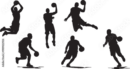 Black Solid Basketball Baseline Reverse Silhouettes Set of Six on White Background