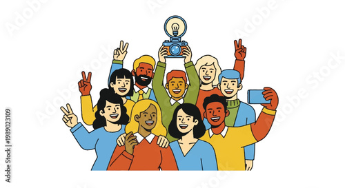 Diverse group celebrating success with trophy and victory signs