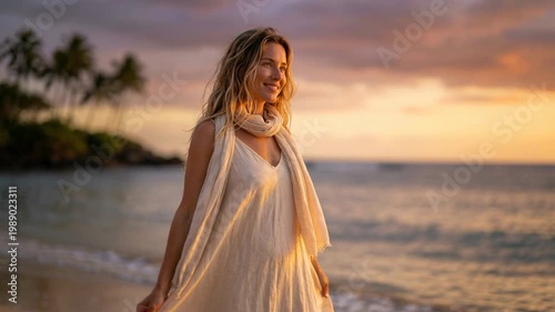 Cinematic Woman Enjoying Tropical Island Sunset In Motion. Island Silhouette, Golden Horizon Light, And Tropical Shore Details Frame The Sunset Portrait
