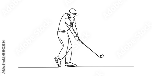 A single line drawing illustration of a golf player swinging a club on a white background space Vector, illustration