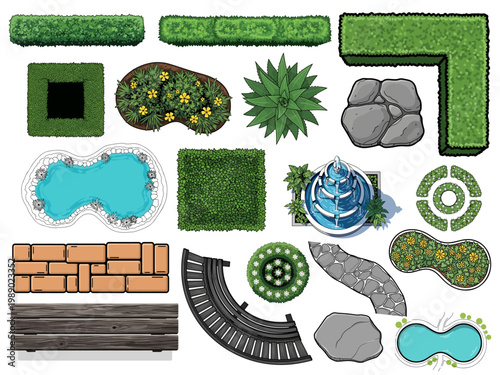 Garden design elements, landscaping icons, 25 turf and stone features, decorative border, pathway, and pool illustrations