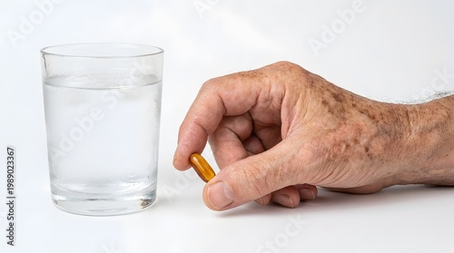 Senior Hand Holding Medicine Pill Next to Glass of Water