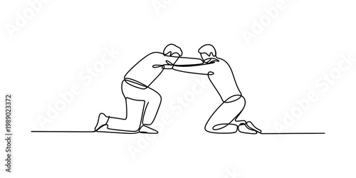 A minimal continuous line drawing illustration of two people engaging in a friendly wrestling match Vector, illustration