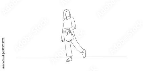 Εκτύπωση καμβά Minimalist continuous line art drawing of a stylish woman standing and carrying