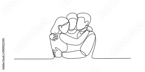 A beautiful continuous line drawing illustration depicting a happy family sharing a warm embrace Vector, illustration