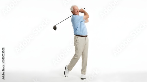 Senior Man Practicing Golf Swing Isolated on White Background
