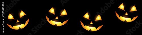 Spooky Glowing Jack-o'-Lantern Faces on Black Background for Halloween Celebration Night Design