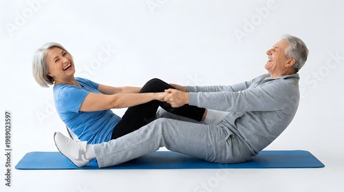 Happy Senior Couple Exercising Together on Yoga Mat White Background