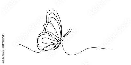 Minimalist continuous line art illustration of a graceful butterfly on a plain white background Vector, illustration