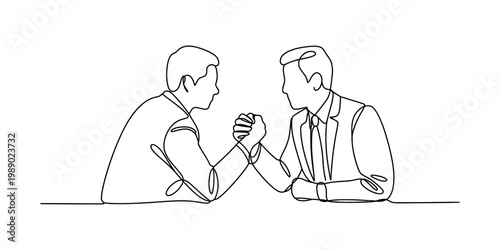 A single continuous line drawing of two businessmen locked in an intense arm wrestling contest Vector, illustration