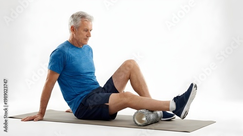 Senior Man Using Foam Roller for Calf Recovery on Fitness Mat