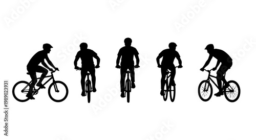 Bicycle cyclist icons set with vector silhouettes of riders in action for cycling fitness and road bike communication