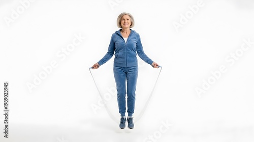 Senior Woman Exercising with Jump Rope Isolated on White Background