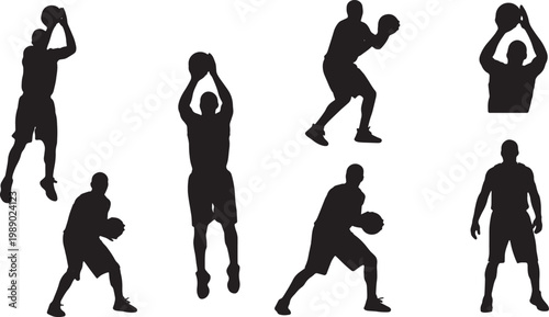 Black Solid Basketball Box Out Silhouettes Set of Six on White Background