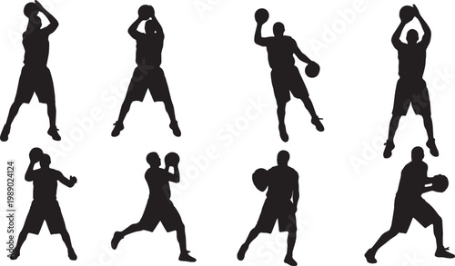 Black Solid Basketball Box Out Silhouettes Set of Six on White Background