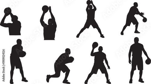 Black Solid Basketball Box Out Silhouettes Set of Six on White Background