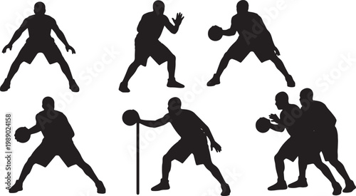 Black Solid Basketball Defense Silhouettes Set of Six on White Background