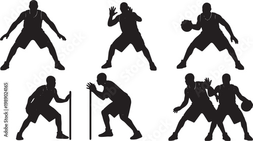 Black Solid Basketball Defense Silhouettes Set of Six on White Background