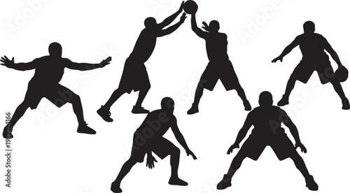 Black Solid Basketball Defense Silhouettes Set of Six on White Background