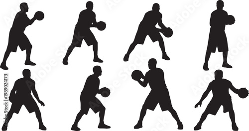 Black Solid Basketball Screen Out Silhouettes Set of Six on White Background