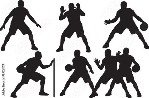 Black Solid Basketball Defense Silhouettes Set of Six on White Background