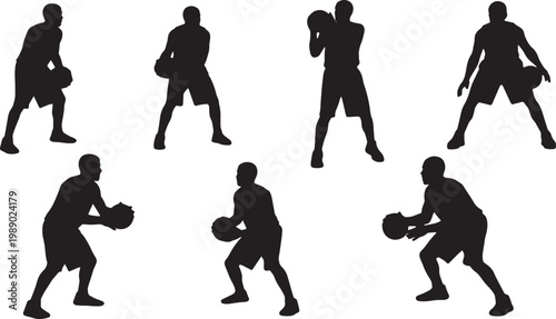 Black Solid Basketball Screen Out Silhouettes Set of Six on White Background