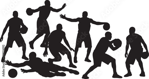 Black Solid Basketball Defensive Slide Silhouettes Set of Six on White Background
