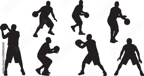 Black Solid Basketball Fake Pass Silhouettes Set of Six on White Background