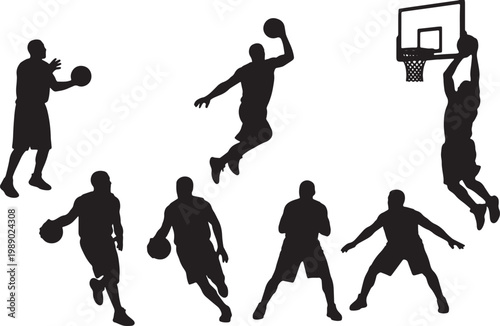 Black Solid Basketball Fake Pass Silhouettes Set of Six on White Background