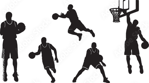 Black Solid Basketball Fake Pass Silhouettes Set of Six on White Background