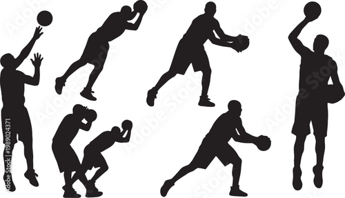 Black Solid Basketball Free Throw Silhouettes Set of Six on White Background