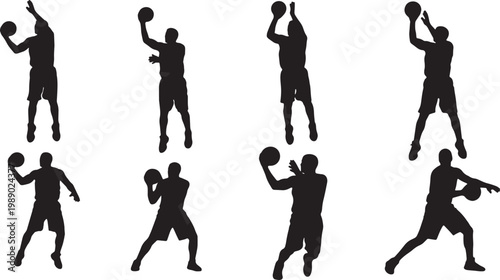 Black Solid Basketball Free Throw Silhouettes Set of Six on White Background
