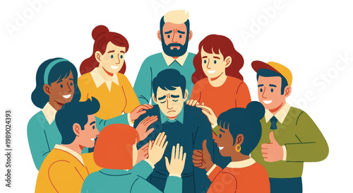 Supportive group surrounding individual offering encouragement