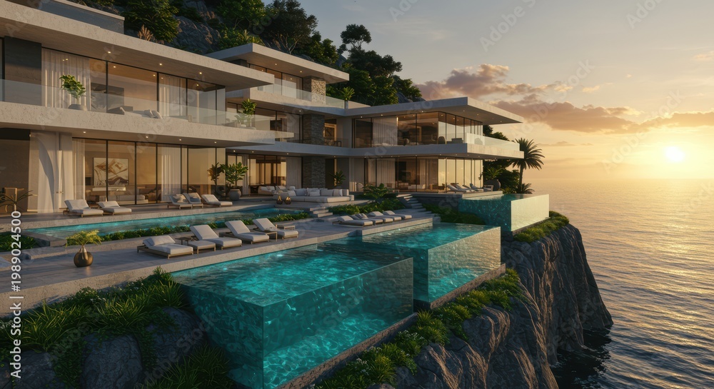 Fototapeta premium A modern mega mansion built into a cliffside, with cascading terraces, glass-bottom pools, and panoramic ocean views during golden hour.
