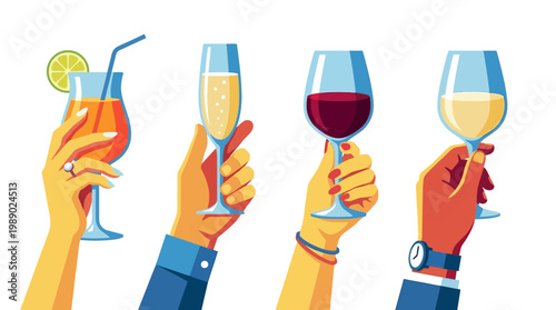 Set of female or male hand holding glass with alcoholic cocktails, champagne and wine. Alcohol drink. Summer aperitif, alcoholic beverage. Colored flat vector illustration isolated on white background